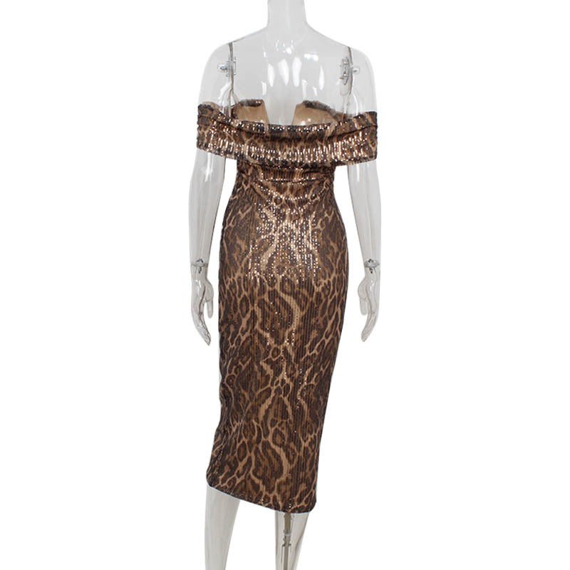 Womens Fashion Leopard - Print Sexy Off - Shoulder V - Neck Evening Gown - LADYLINE X