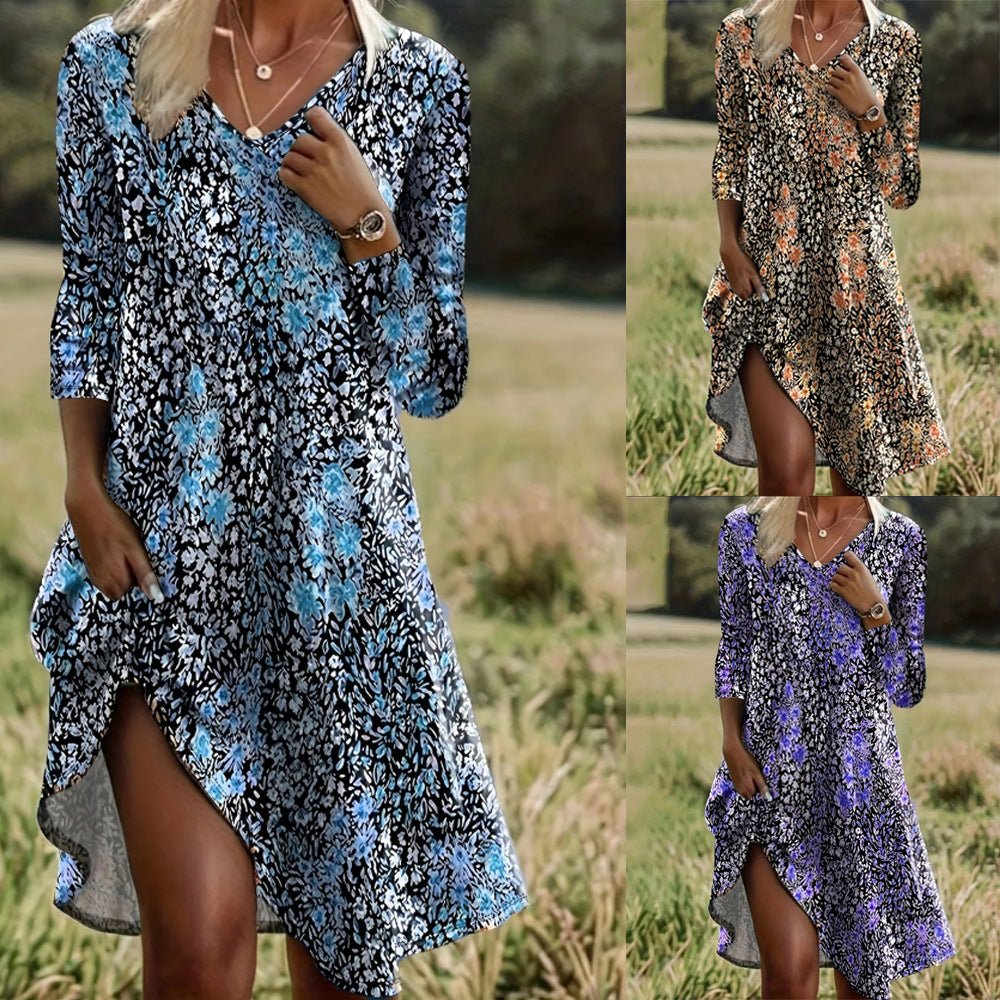 Womens Fashion V - Neck Printed Long - Sleeve Petite Floral Dress - LADYLINE X