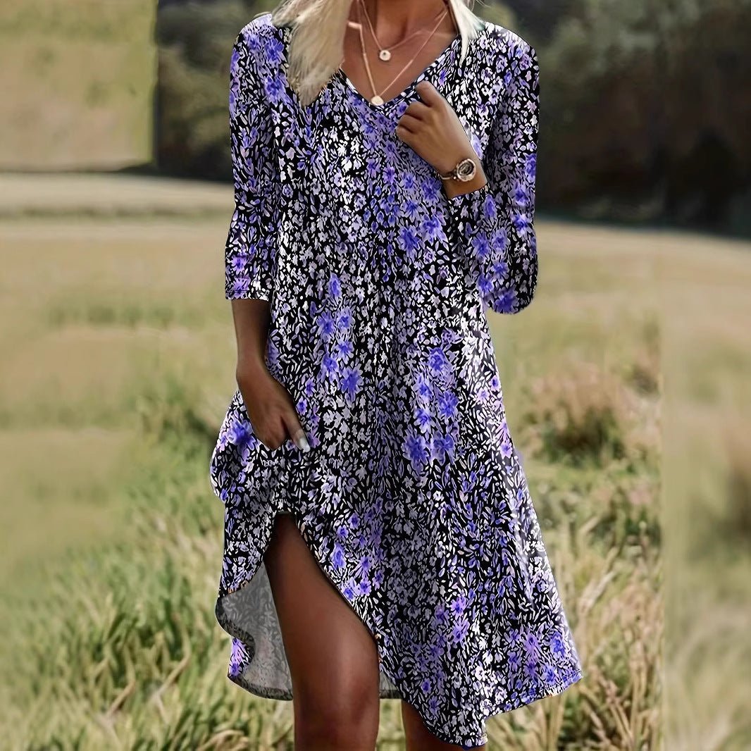 Womens Fashion V - Neck Printed Long - Sleeve Petite Floral Dress - LADYLINE X