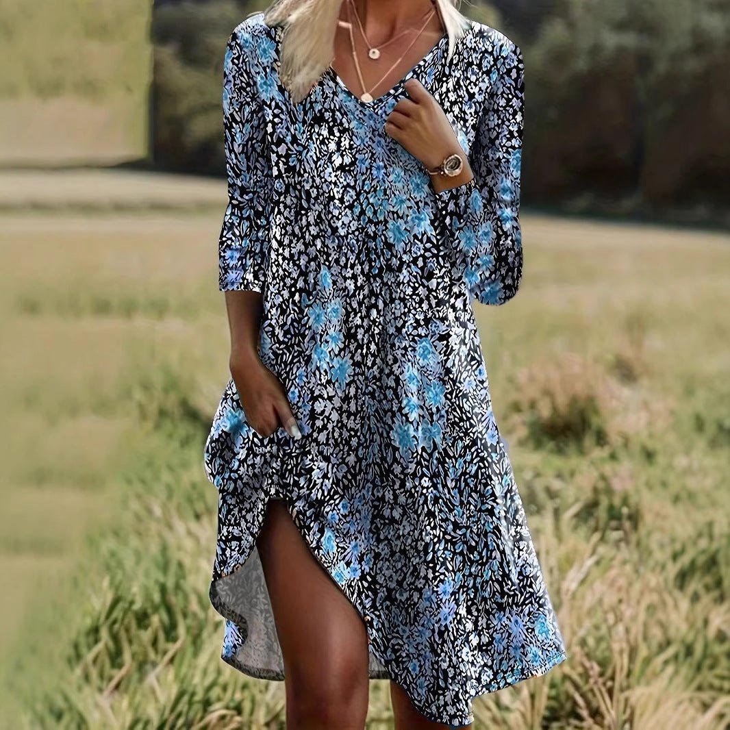 Womens Fashion V - Neck Printed Long - Sleeve Petite Floral Dress - LADYLINE X