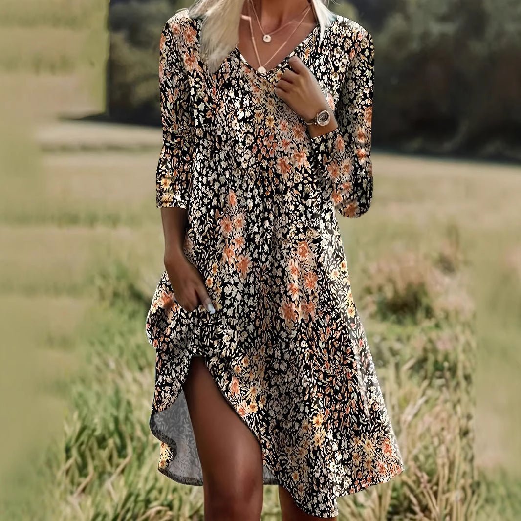 Womens Fashion V - Neck Printed Long - Sleeve Petite Floral Dress - LADYLINE X
