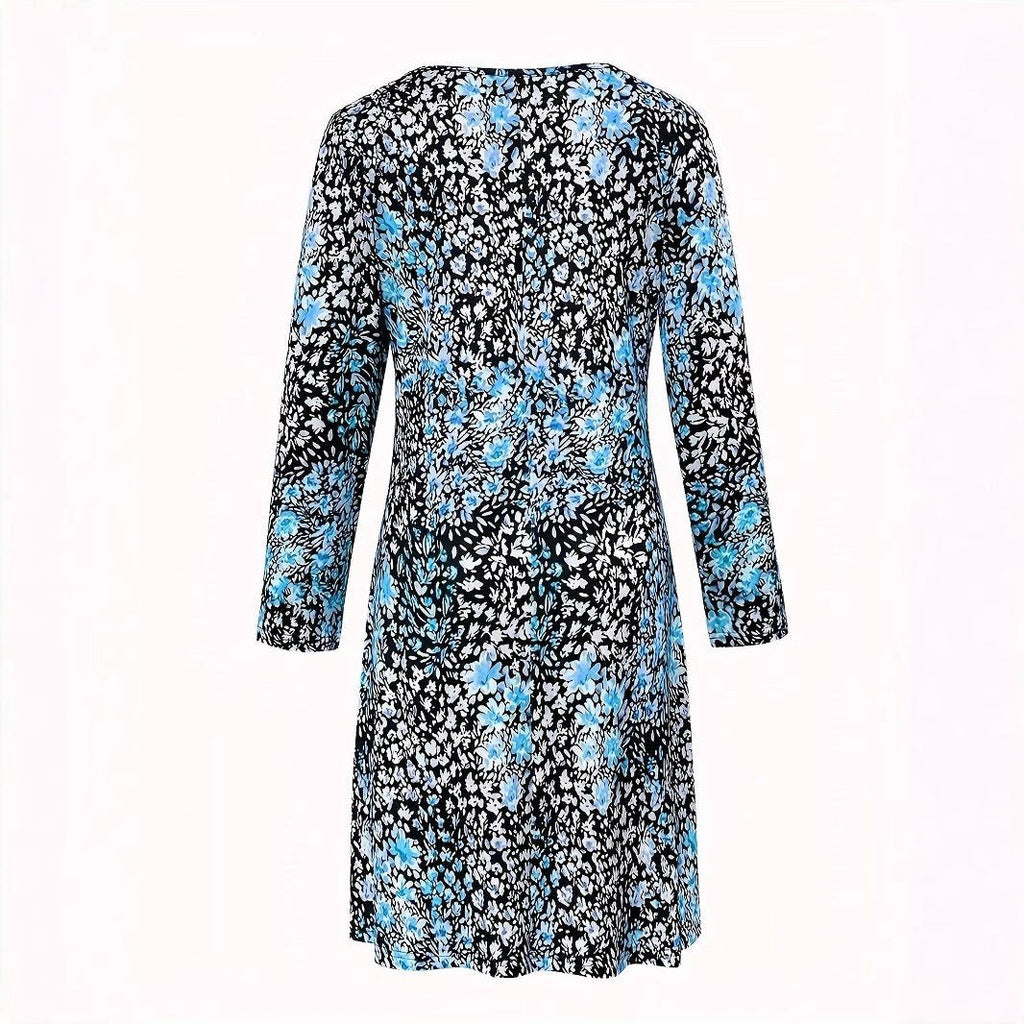 Womens Fashion V - Neck Printed Long - Sleeve Petite Floral Dress - LADYLINE X