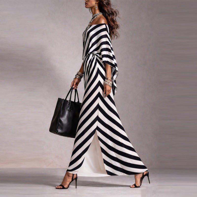 Womens Fashionable Loose Striped Off - Shoulder Dress - LADYLINE X