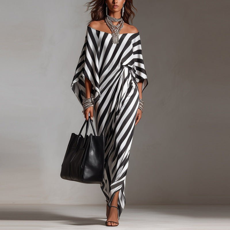 Womens Fashionable Loose Striped Off - Shoulder Dress - LADYLINE X