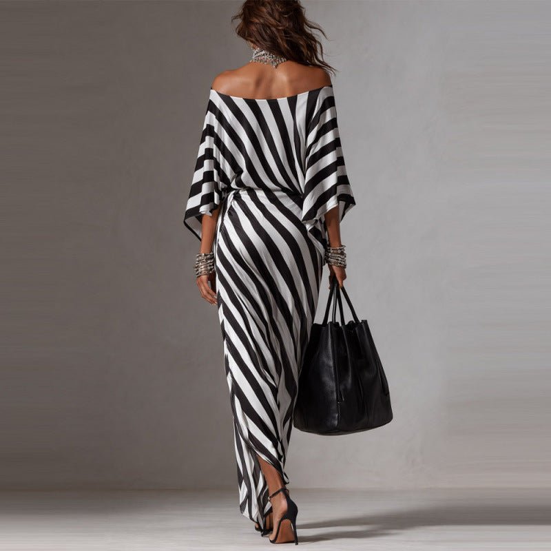 Womens Fashionable Loose Striped Off - Shoulder Dress - LADYLINE X