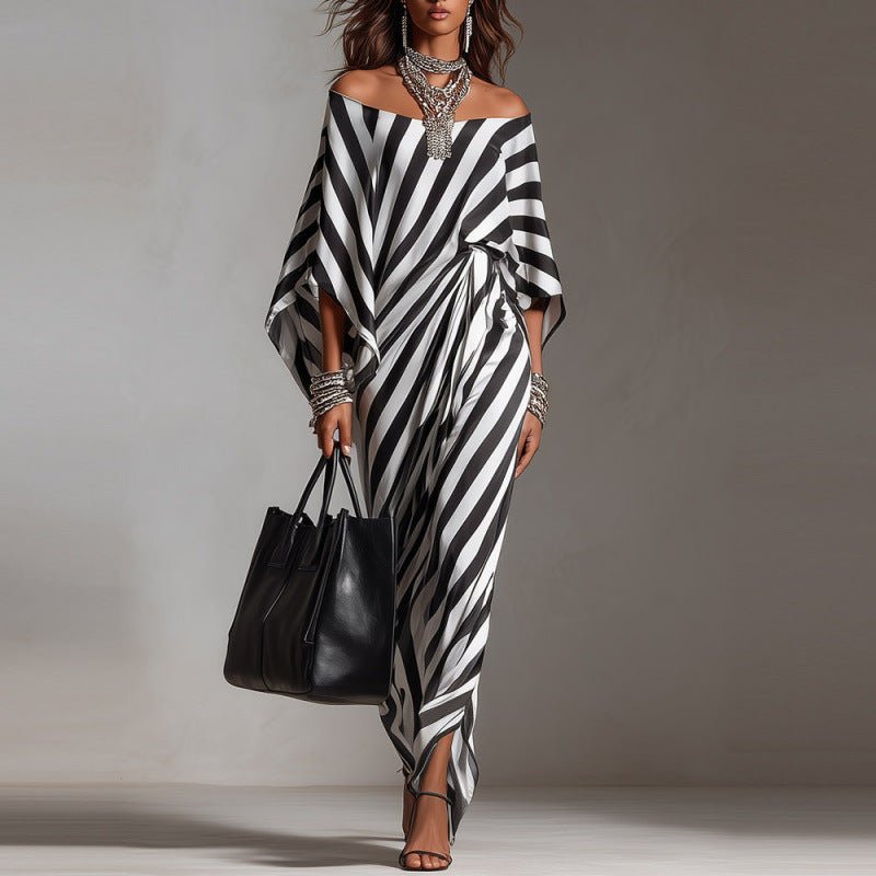 Womens Fashionable Loose Striped Off - Shoulder Dress - LADYLINE X
