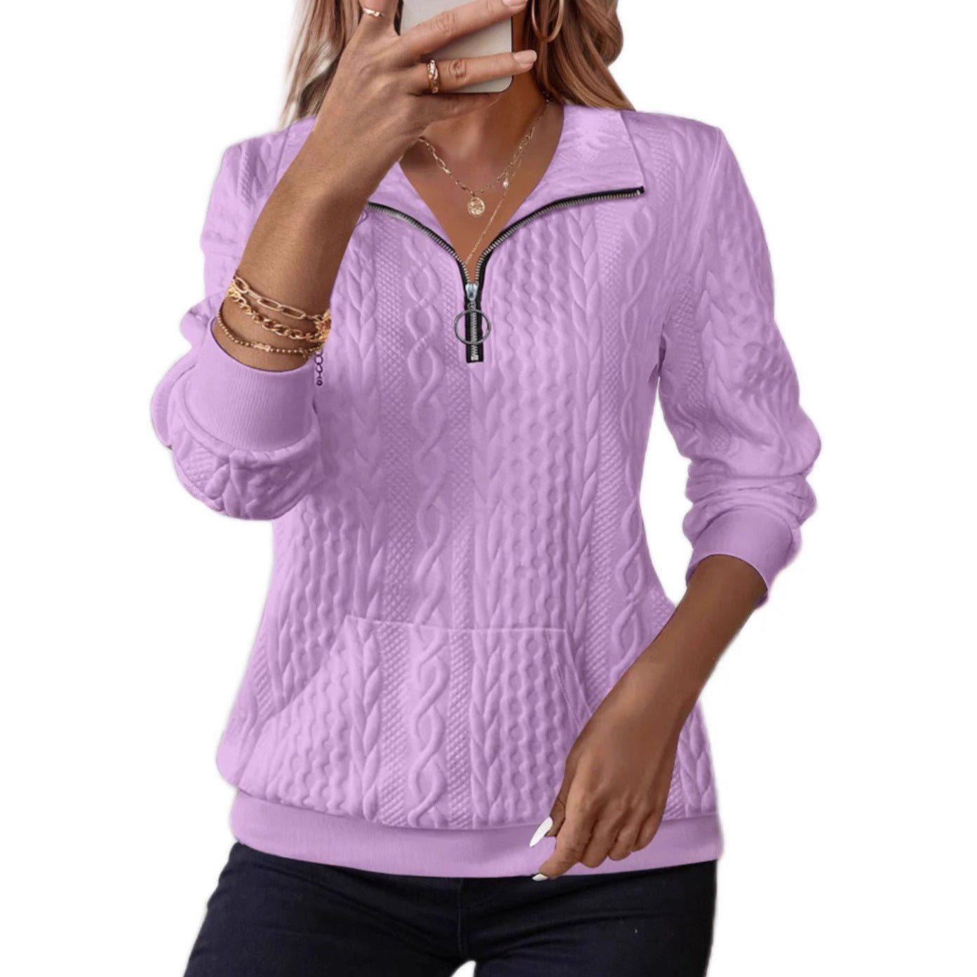 Womens Half - Zip Long - Sleeve Hoodie With A Casual Turn - Down Collar - LADYLINE X