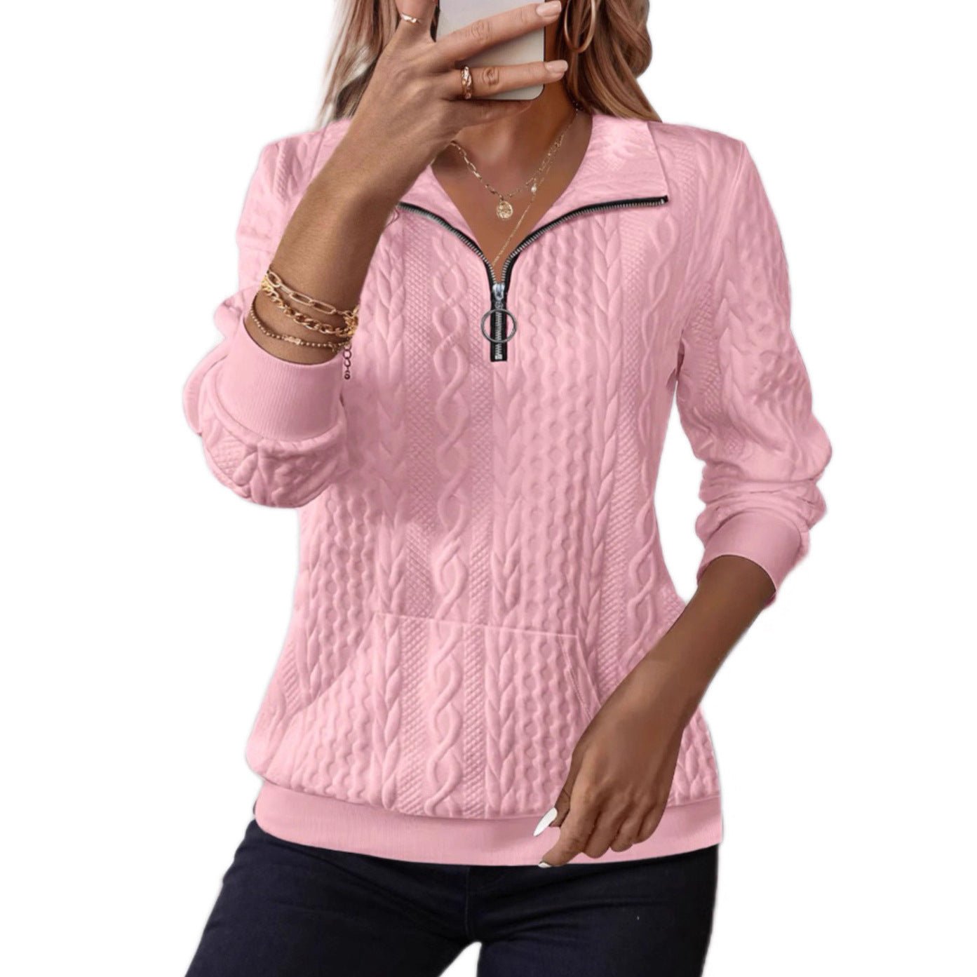 Womens Half - Zip Long - Sleeve Hoodie With A Casual Turn - Down Collar - LADYLINE X