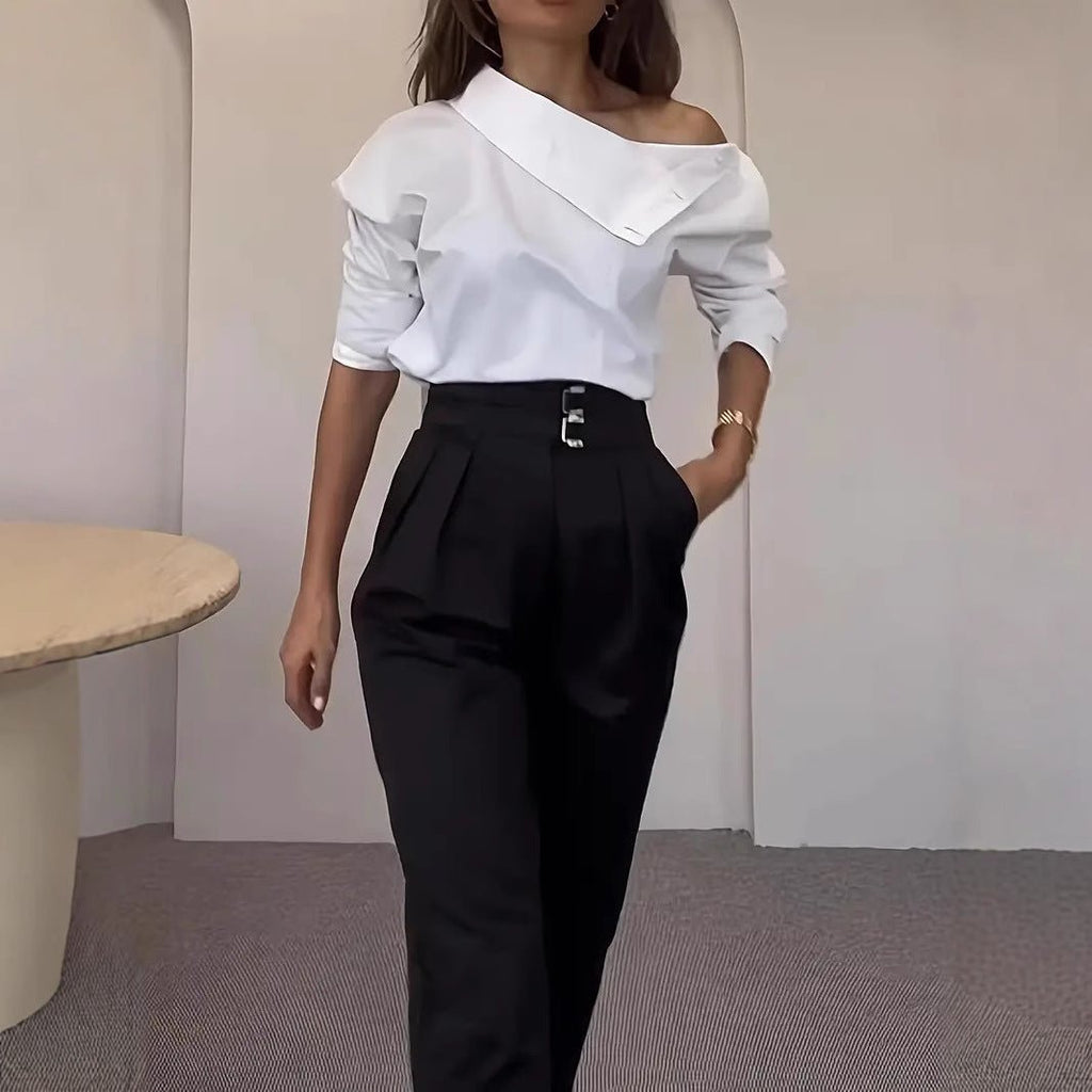 Womens High - neck Metal - buttoned Off - shoulder Blouse - LADYLINE X