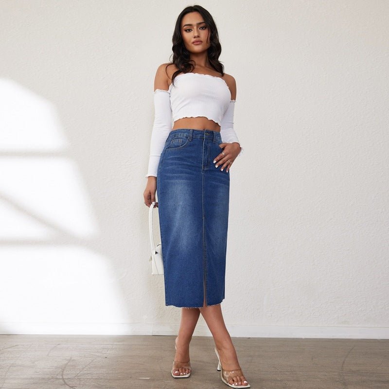 Womens High - Waisted Denim Skirt With A Front Slit And Long Length - LADYLINE X