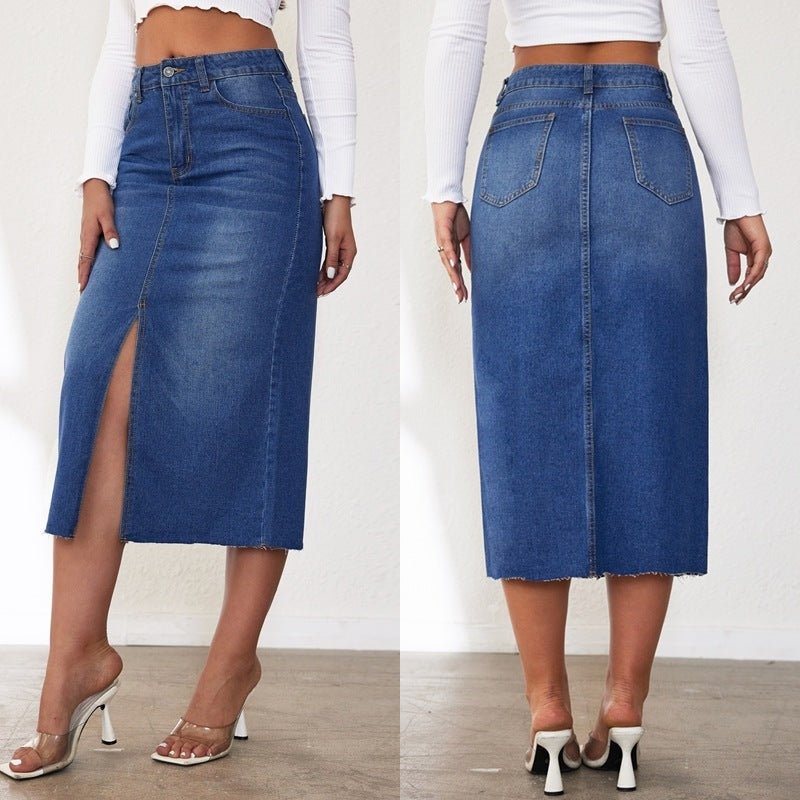 Womens High - Waisted Denim Skirt With A Front Slit And Long Length - LADYLINE X
