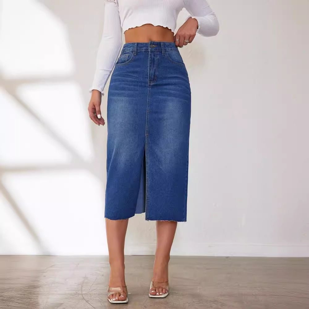 Womens High - Waisted Denim Skirt With A Front Slit And Long Length - LADYLINE X