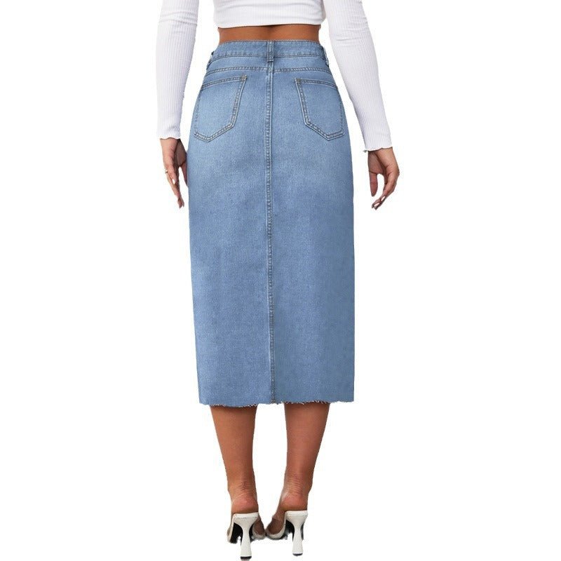 Womens High - Waisted Denim Skirt With A Front Slit And Long Length - LADYLINE X
