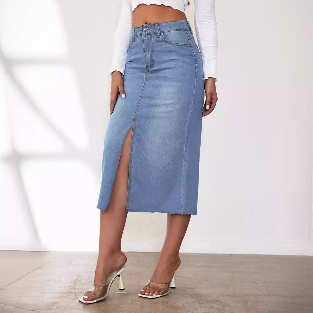 Womens High - Waisted Denim Skirt With A Front Slit And Long Length - LADYLINE X