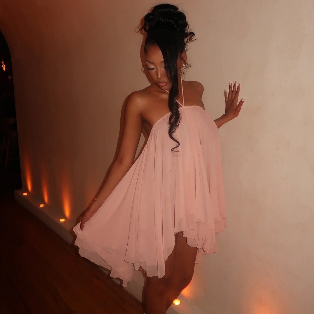 Womens Holiday Halterneck Lace - Up Backless Short Dress - LADYLINE X