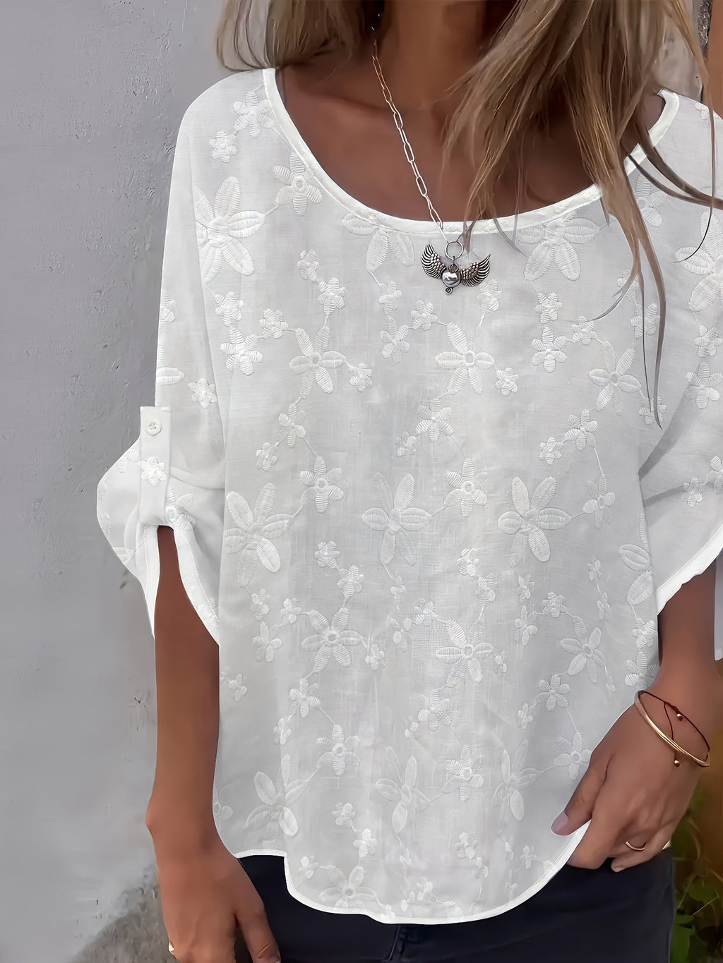 Womens Lace Crew - Neck Loose - Fit Blouse Top - LADYLINE X