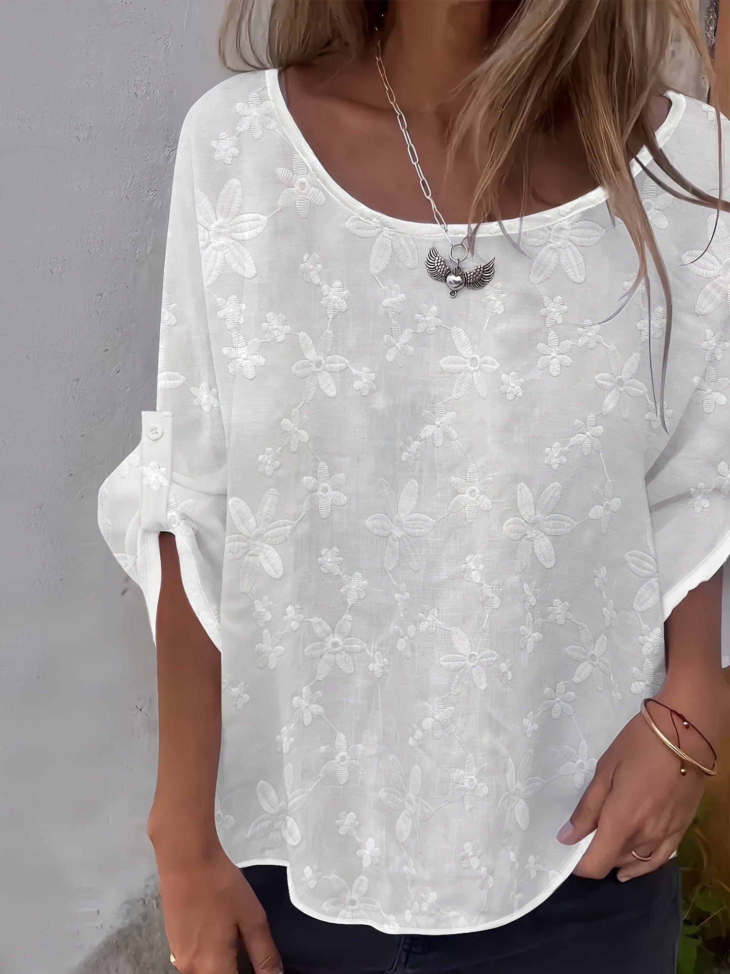 Womens Lace Crew - Neck Loose - Fit Blouse Top - LADYLINE X