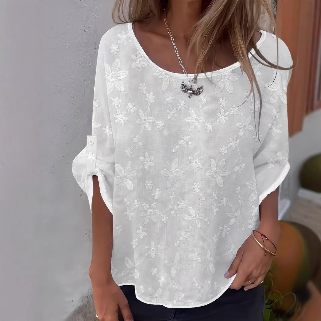 Womens Lace Crew - Neck Loose - Fit Blouse Top - LADYLINE X