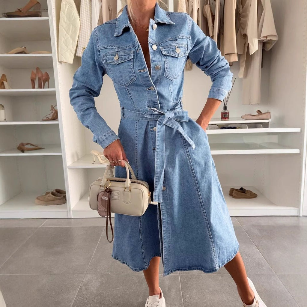 Womens Long - sleeve Denim Washed Shirt Jacket Dress - LADYLINE X