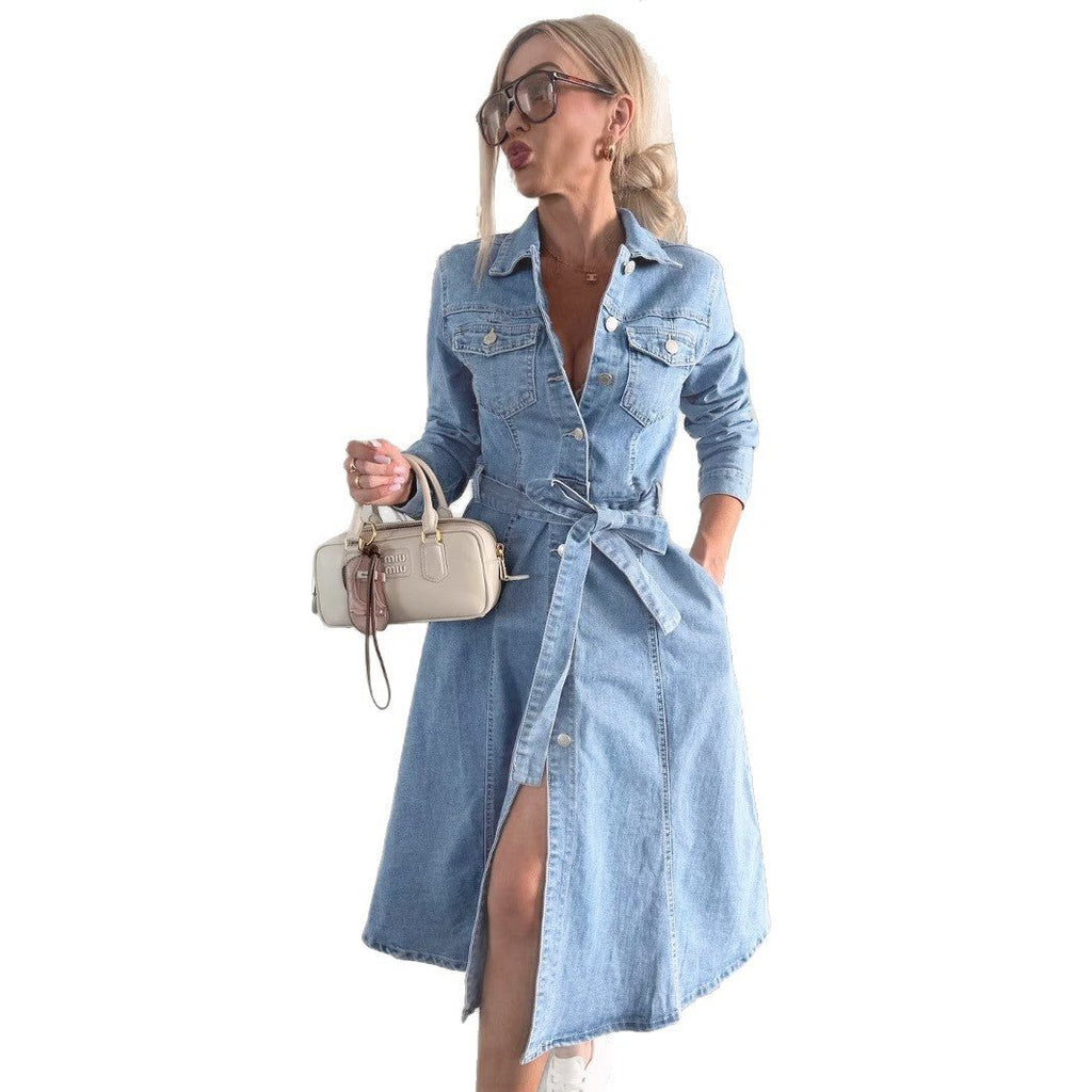Womens Long - sleeve Denim Washed Shirt Jacket Dress - LADYLINE X