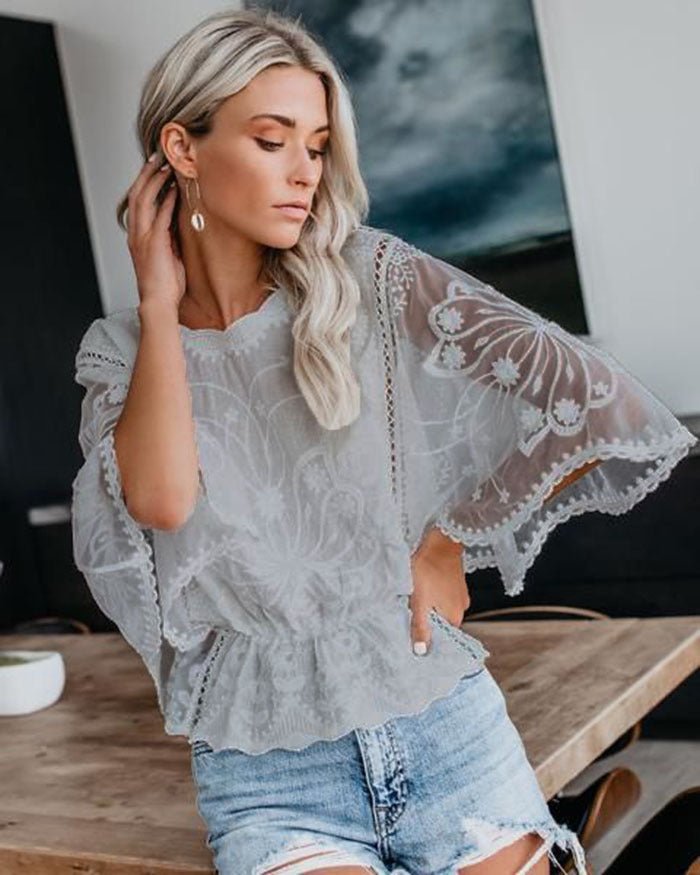 Womens New Arrival Lace Trim Top Short - Sleeve Shirt Loose Batwing Sleeve - LADYLINE X