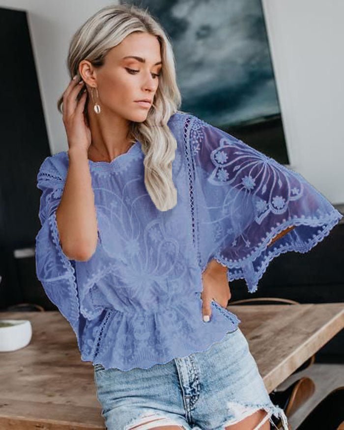 Womens New Arrival Lace Trim Top Short - Sleeve Shirt Loose Batwing Sleeve - LADYLINE X