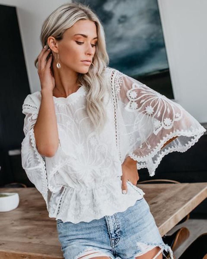 Womens New Arrival Lace Trim Top Short - Sleeve Shirt Loose Batwing Sleeve - LADYLINE X