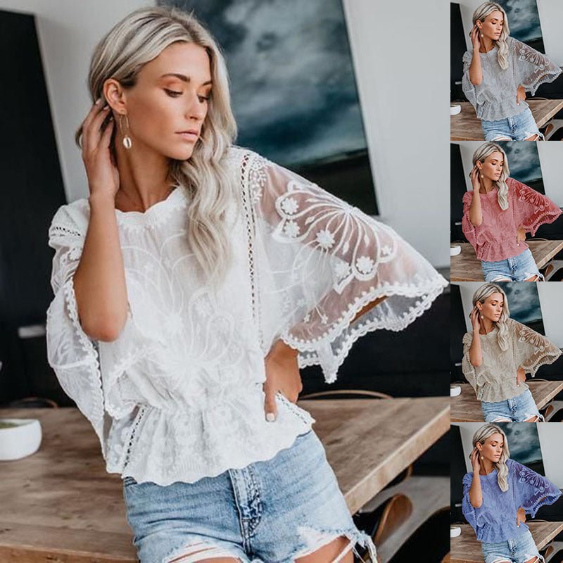 Womens New Arrival Lace Trim Top Short - Sleeve Shirt Loose Batwing Sleeve - LADYLINE X