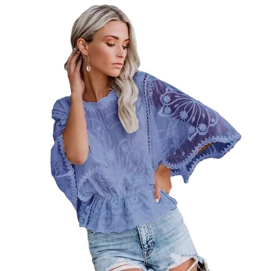 Womens New Arrival Lace Trim Top Short - Sleeve Shirt Loose Batwing Sleeve - LADYLINE X