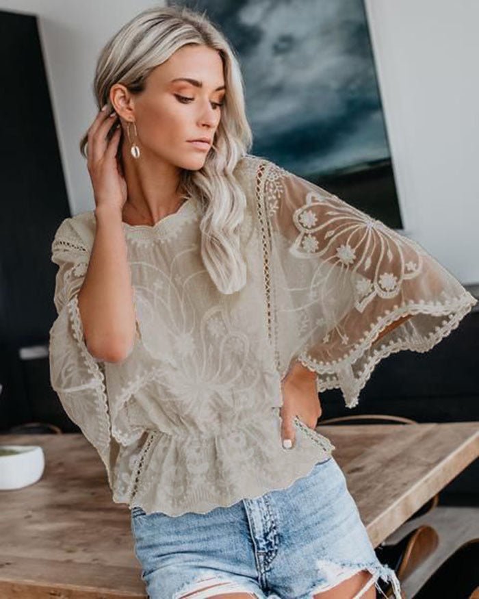 Womens New Arrival Lace Trim Top Short - Sleeve Shirt Loose Batwing Sleeve - LADYLINE X