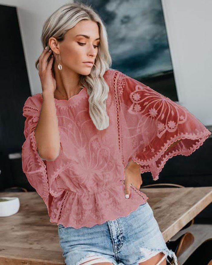 Womens New Arrival Lace Trim Top Short - Sleeve Shirt Loose Batwing Sleeve - LADYLINE X