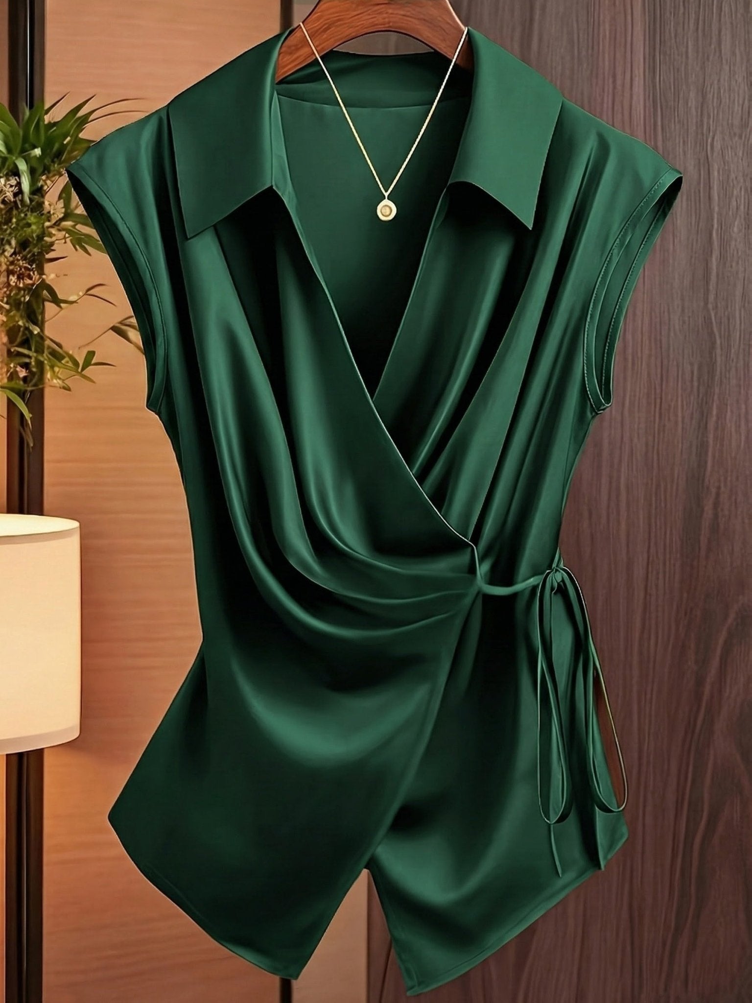 Womens Notched Collar Irregularly Tied Waist Sleeveless Shirt - LADYLINE X