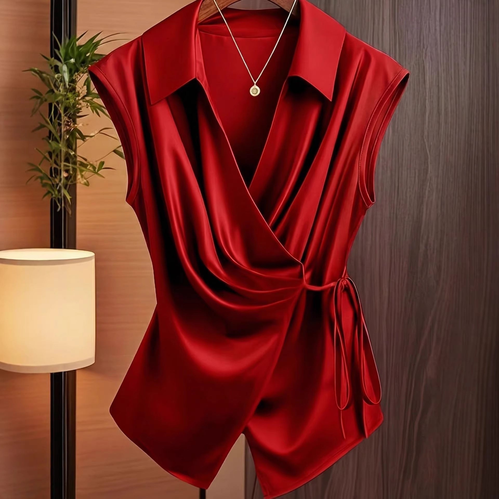 Womens Notched Collar Irregularly Tied Waist Sleeveless Shirt - LADYLINE X