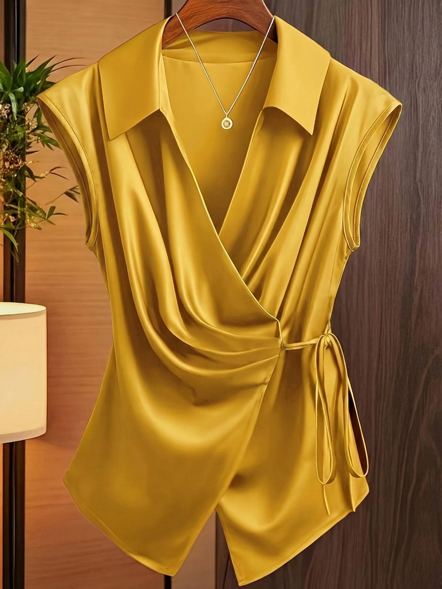 Womens Notched Collar Irregularly Tied Waist Sleeveless Shirt - LADYLINE X