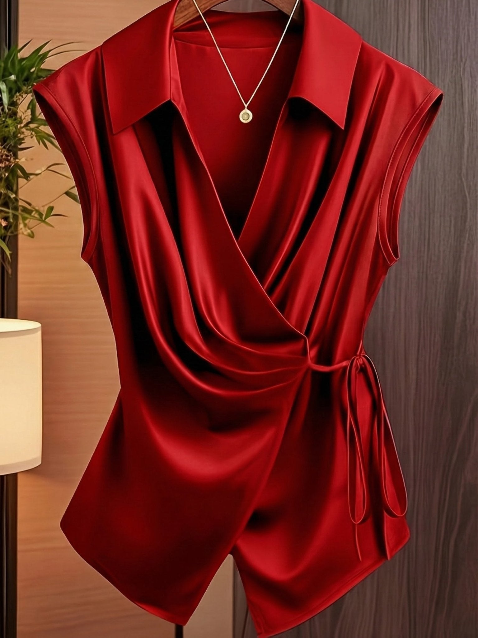 Womens Notched Collar Irregularly Tied Waist Sleeveless Shirt - LADYLINE X