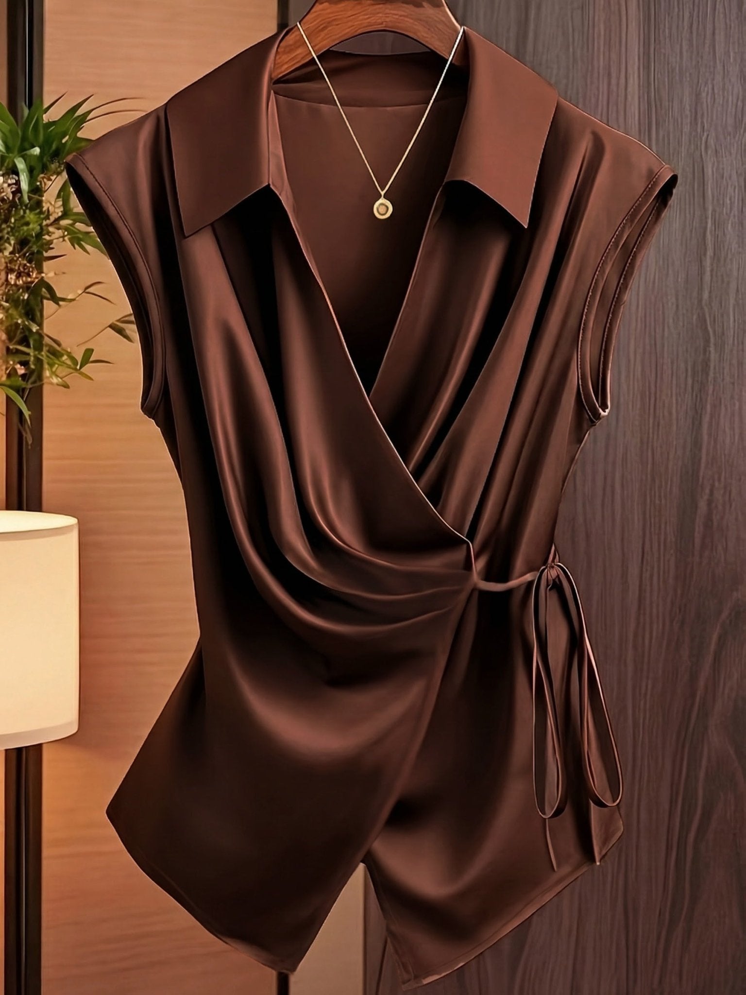 Womens Notched Collar Irregularly Tied Waist Sleeveless Shirt - LADYLINE X
