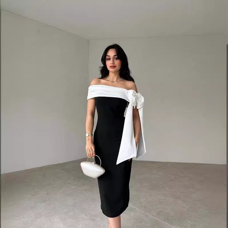 Women's Off - shoulder Bow Black And White Color Matching Elegant Cocktail Dress - LADYLINE X