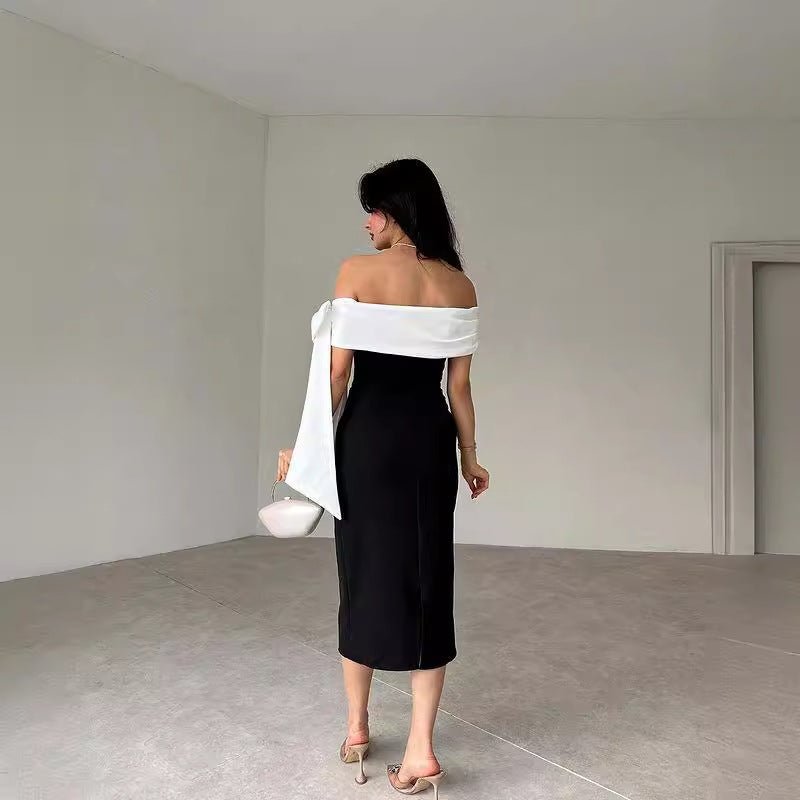 Women's Off - shoulder Bow Black And White Color Matching Elegant Cocktail Dress - LADYLINE X