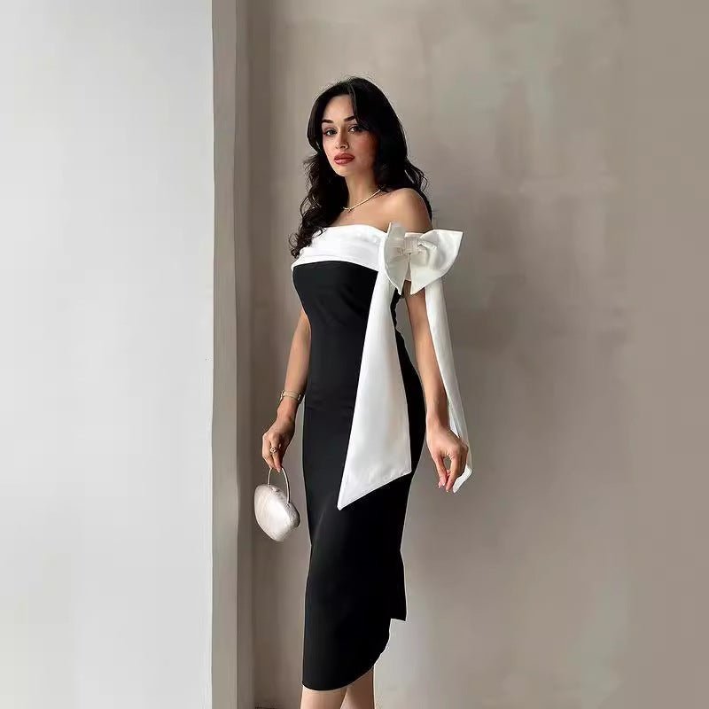 Women's Off - shoulder Bow Black And White Color Matching Elegant Cocktail Dress - LADYLINE X