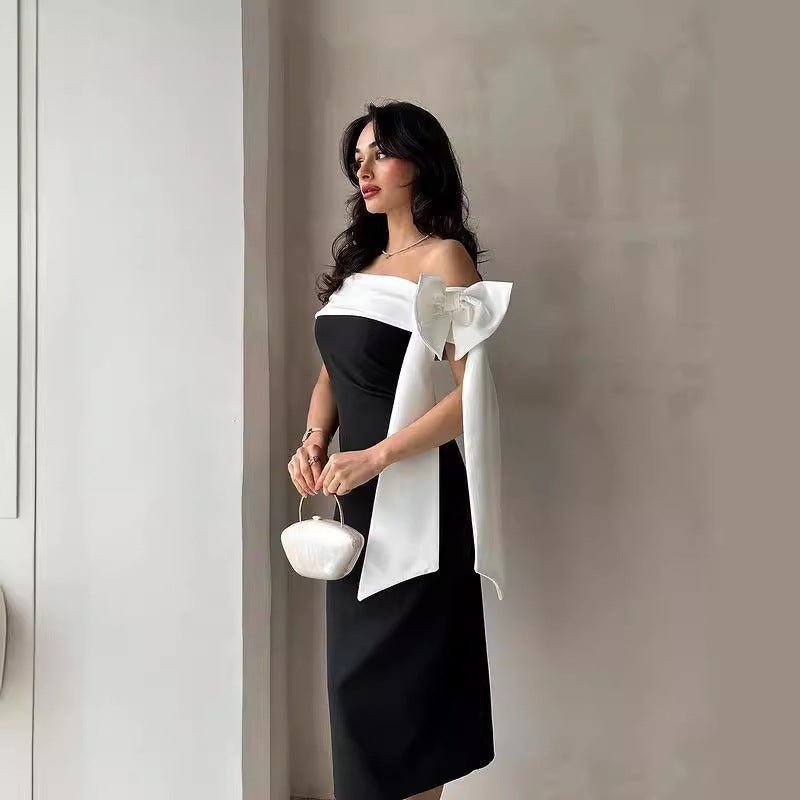 Women's Off - shoulder Bow Black And White Color Matching Elegant Cocktail Dress - LADYLINE X