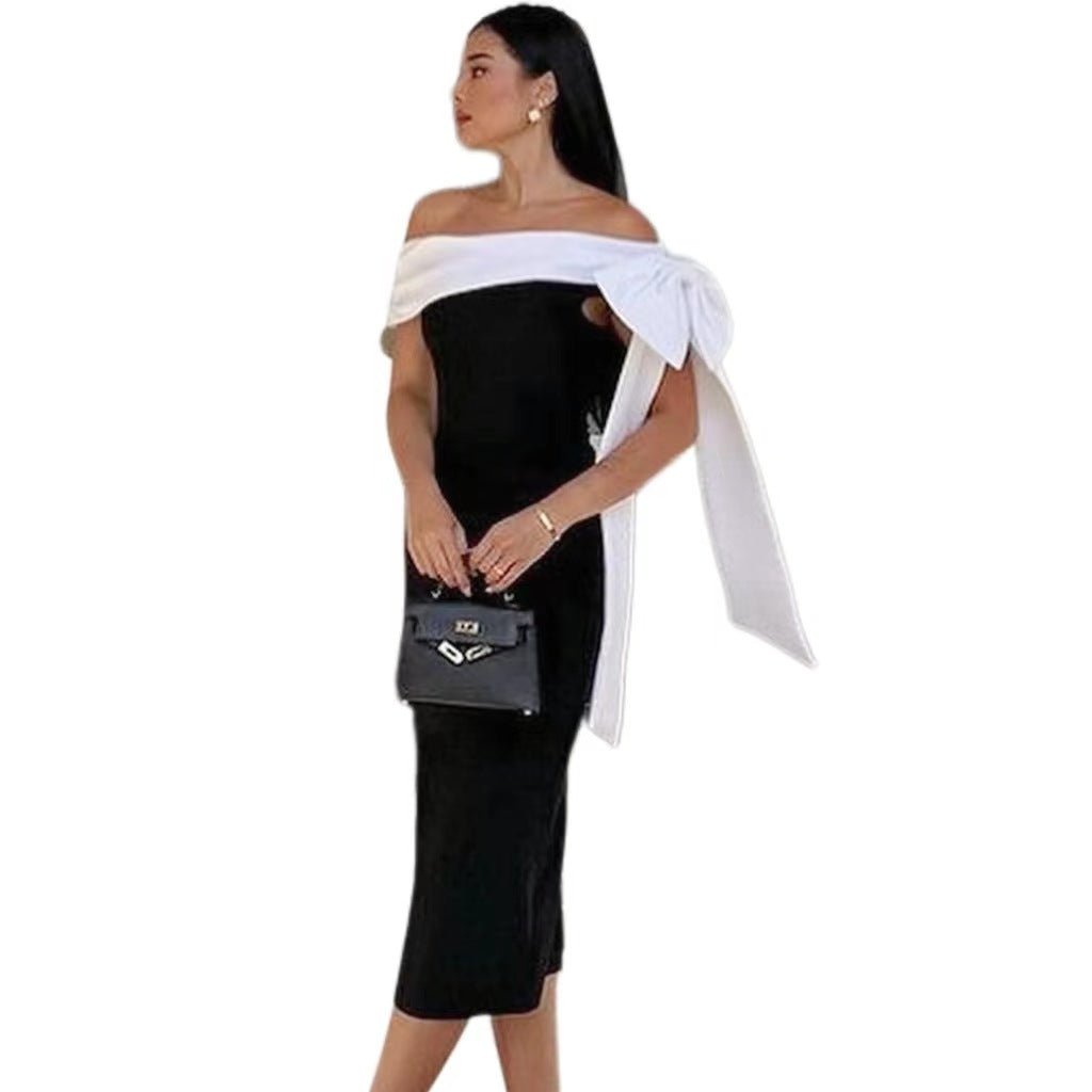Women's Off - shoulder Bow Black And White Color Matching Elegant Cocktail Dress - LADYLINE X