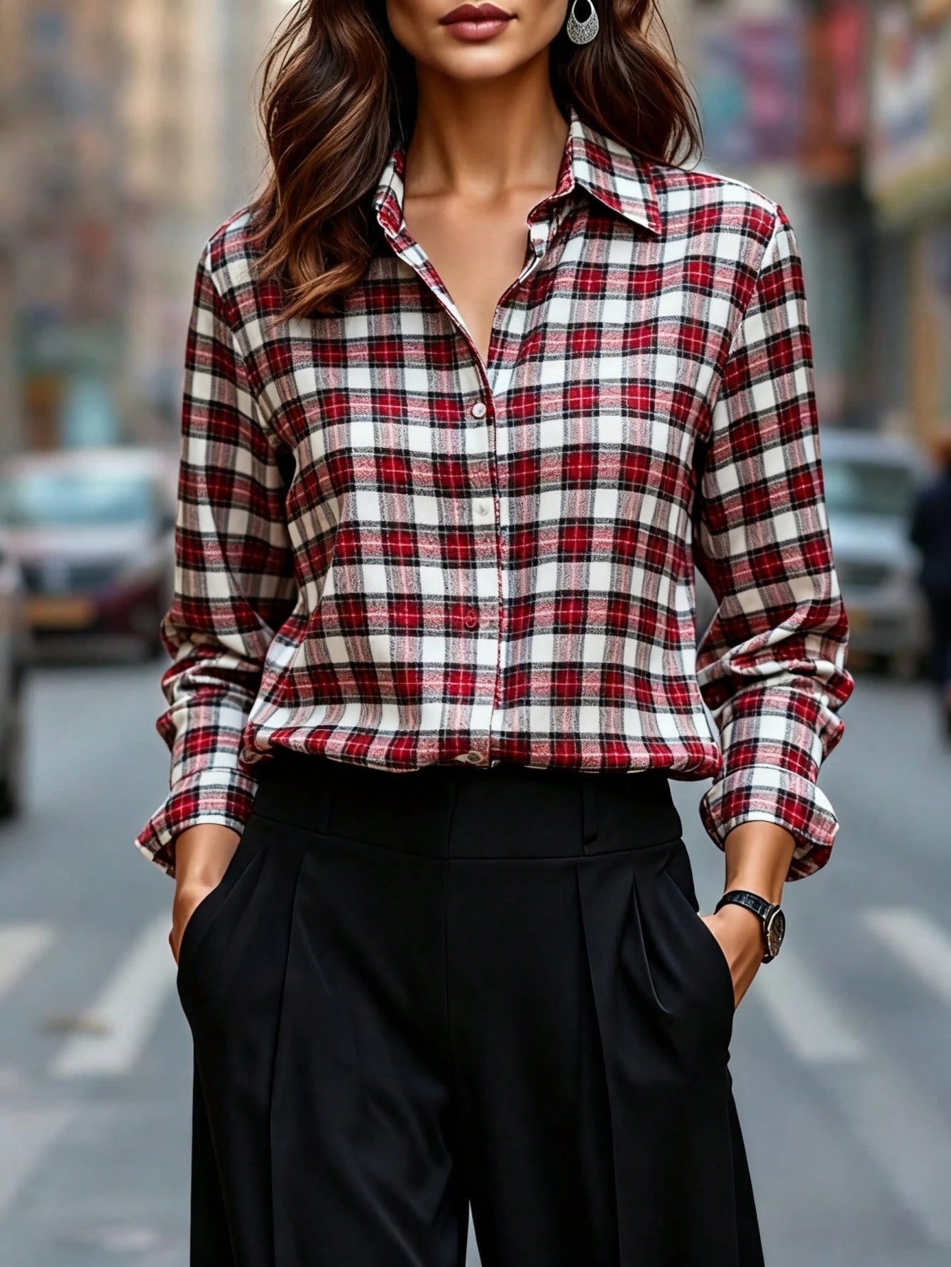 Womens Plaid Shirt Slimming, Figure - Hugging Korean - Style Long - Sleeve Top - LADYLINE X