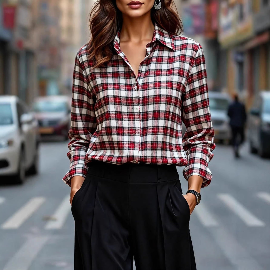 Womens Plaid Shirt Slimming, Figure - Hugging Korean - Style Long - Sleeve Top - LADYLINE X