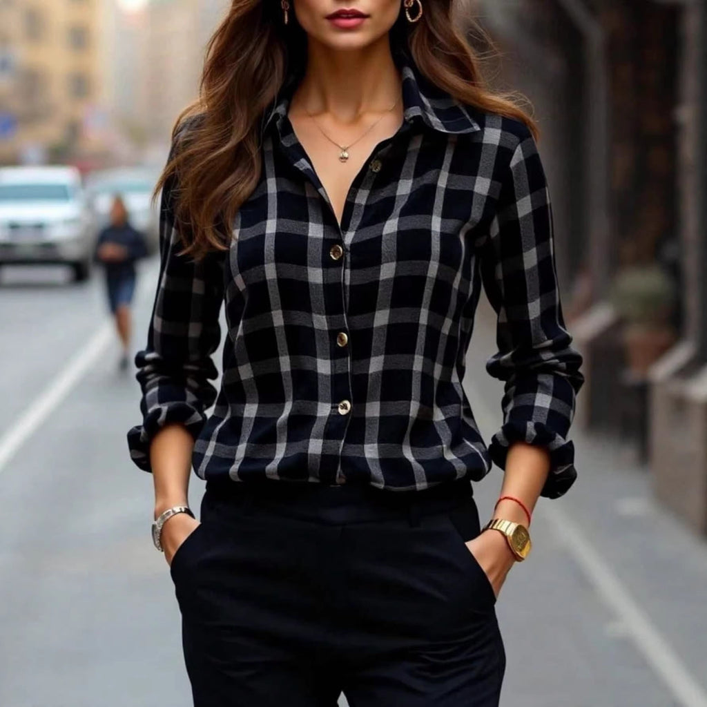 Womens Plaid Shirt Slimming, Figure - Hugging Korean - Style Long - Sleeve Top - LADYLINE X