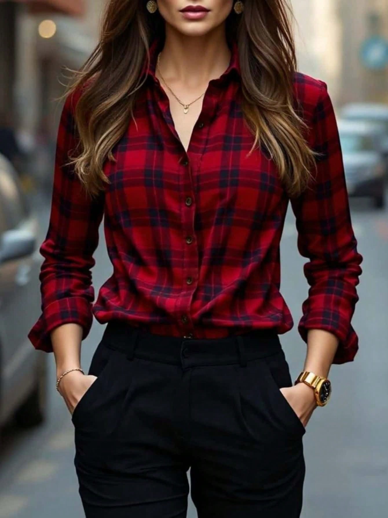 Womens Plaid Shirt Slimming, Figure - Hugging Korean - Style Long - Sleeve Top - LADYLINE X