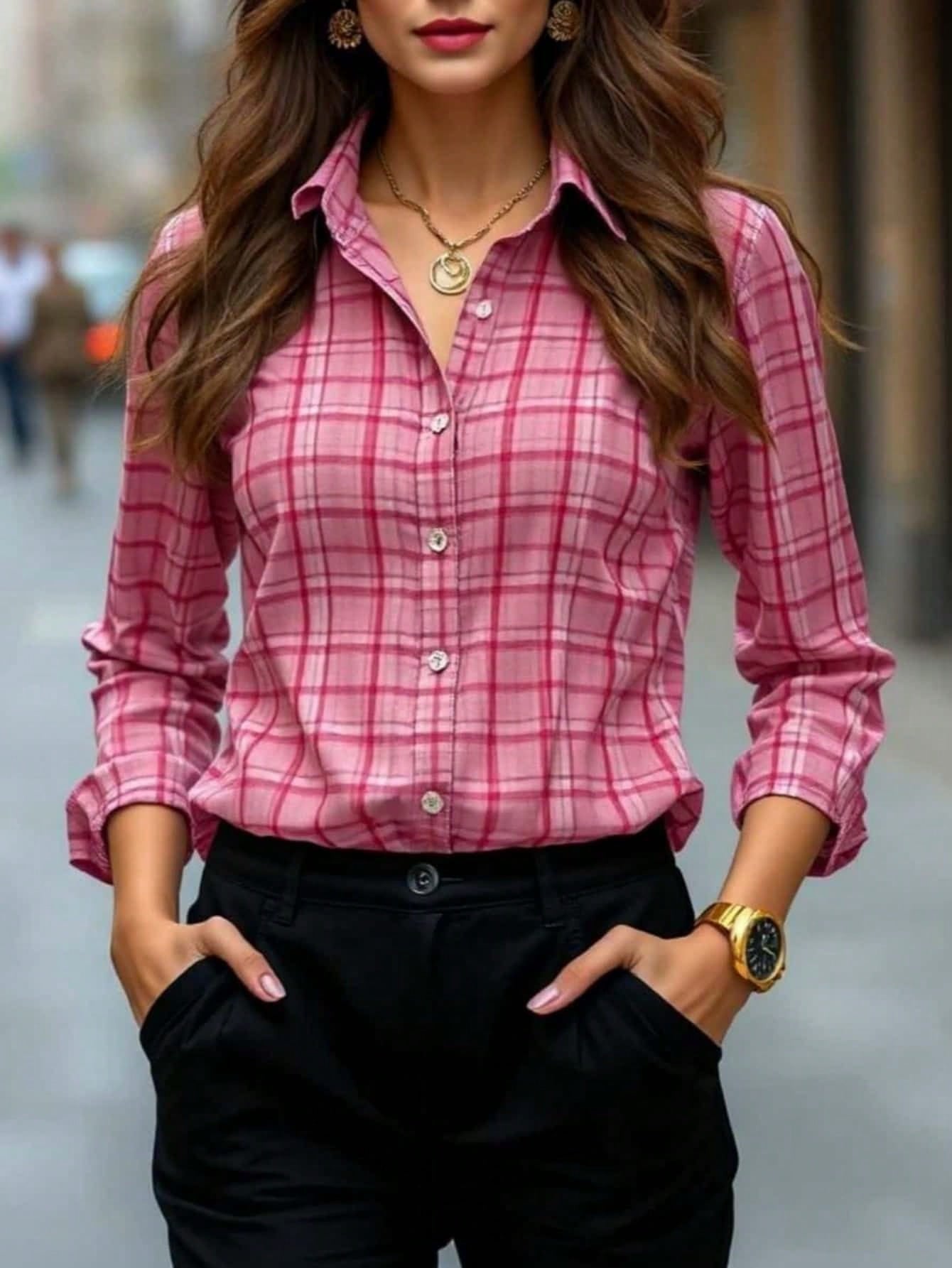 Womens Plaid Shirt Slimming, Figure - Hugging Korean - Style Long - Sleeve Top - LADYLINE X