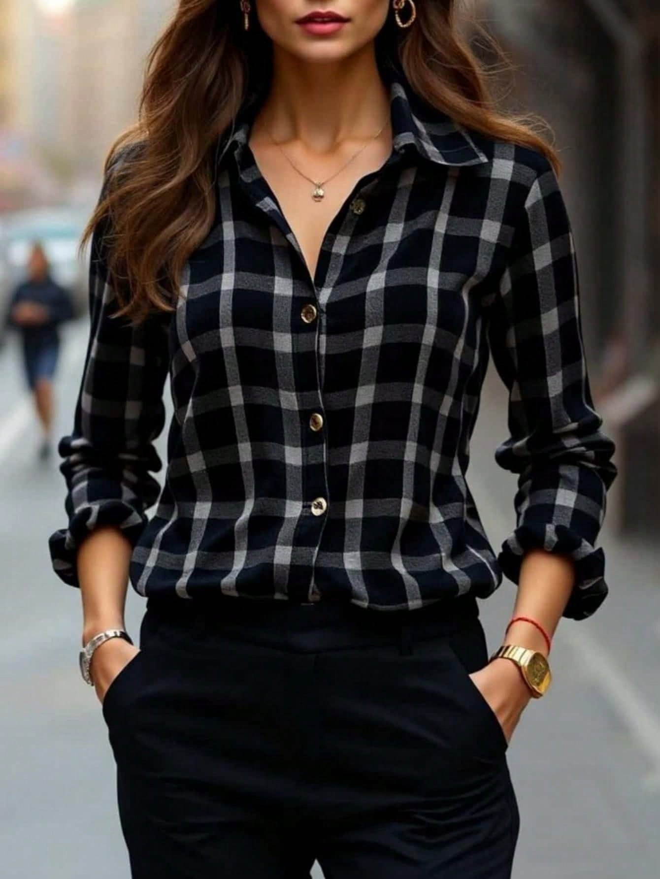 Womens Plaid Shirt Slimming, Figure - Hugging Korean - Style Long - Sleeve Top - LADYLINE X