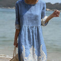 Women's Plant And Flower Print Round Neck Linen Blend Mid - Length Dress - LADYLINE X