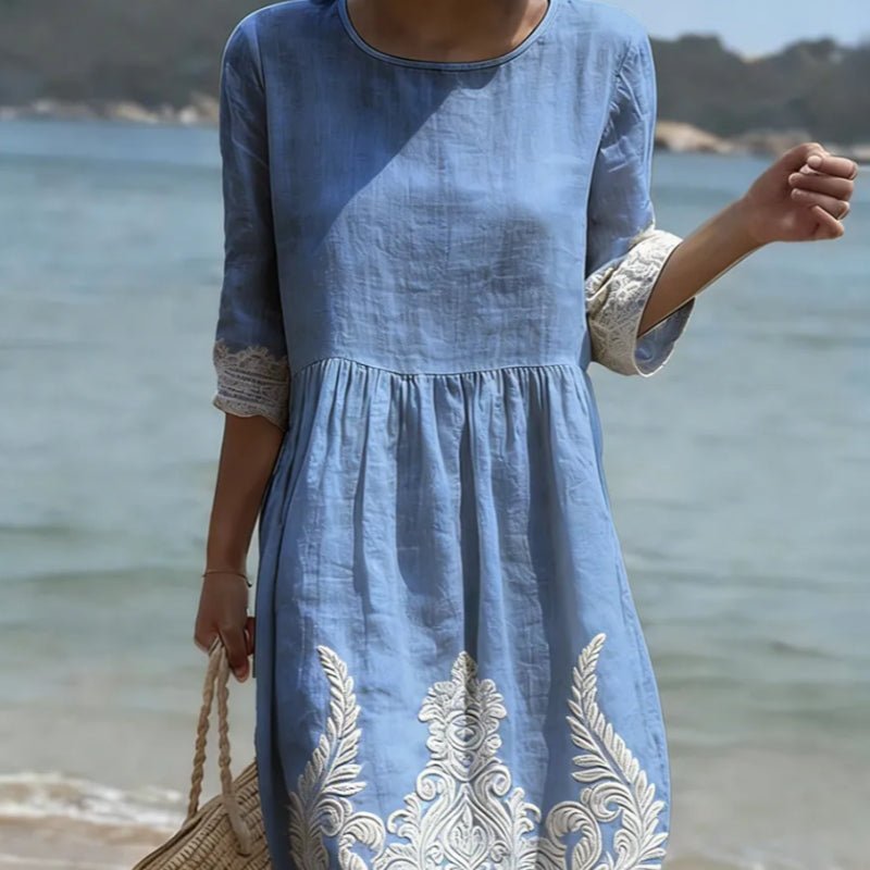 Women's Plant And Flower Print Round Neck Linen Blend Mid - Length Dress - LADYLINE X