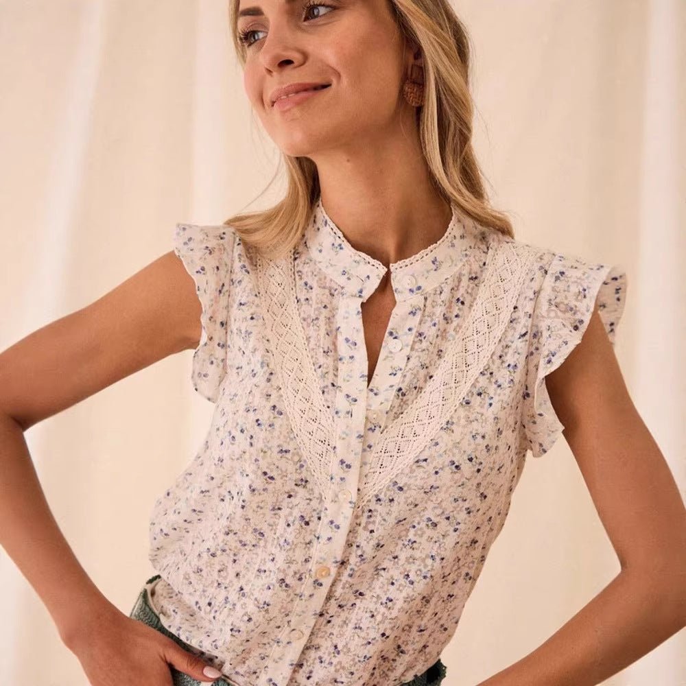 Womens Printed Floral Lace - Patchwork Cap Sleeve Shirt - LADYLINE X